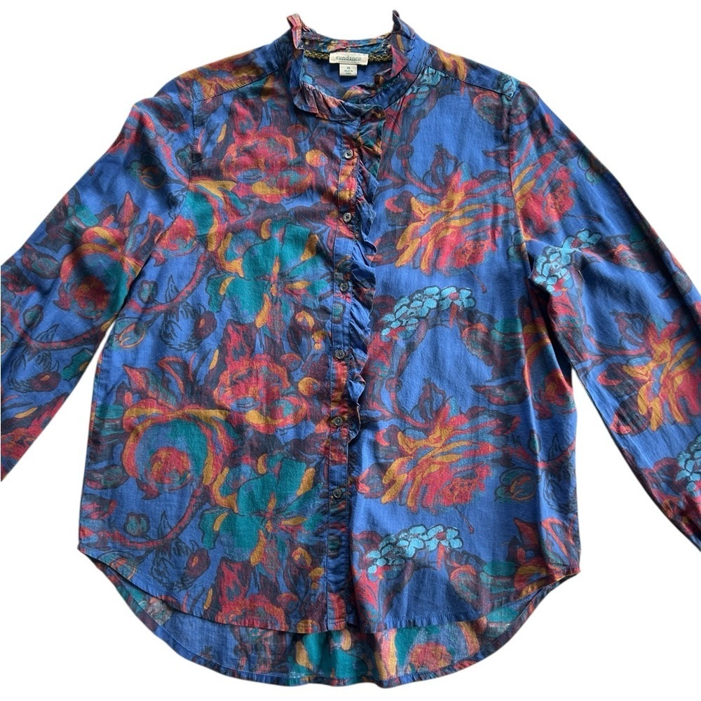 Sundance Sz M Abstract Floral Blouse Boho Western Ruffle Collar Cotton Button Up - Picture 3 of 11